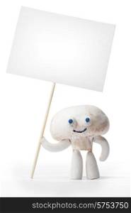 Champignon mushroom holding blank card isolated on white background. Champignon mushroom holding blank card