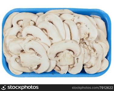 Champignon mushroom isolated. Sliced Agaricus bisporus aka champignons mushrooms isolated over white background in a tub