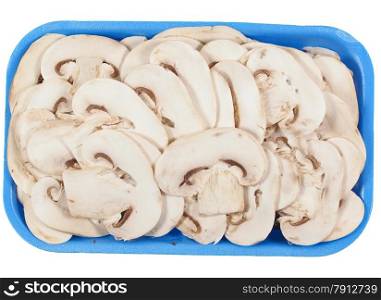 Champignon mushroom isolated. Sliced Agaricus bisporus aka champignons mushrooms isolated over white background in a tub