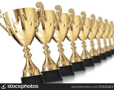 champion golden trophies isolated on white