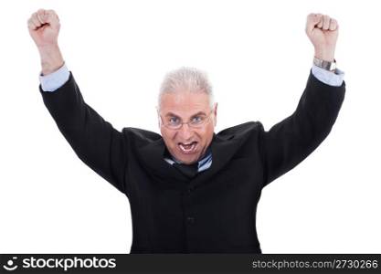 Champion senior business man standing with fists clenched in victory in white background