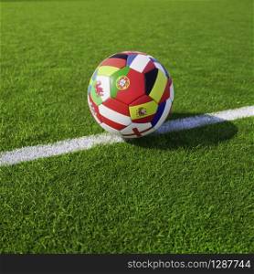 Championship football or soccer ball with national flags design of participating teams on a white line on a green grass sports field