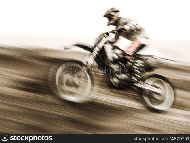 Championship of motocross, side view of sportsmen driving motorcycle, slow motion, speed highway, extreme lifestyle