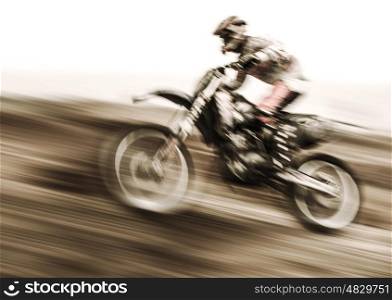 Championship of motocross, side view of sportsmen driving motorcycle, slow motion, speed highway, extreme lifestyle