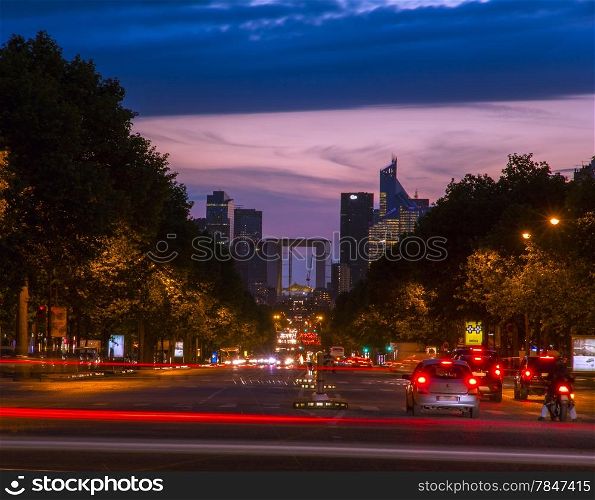 Champs Elysees and the Grande Arche La Defense at night, the view from the Arc de Triomphe, Paris, France
