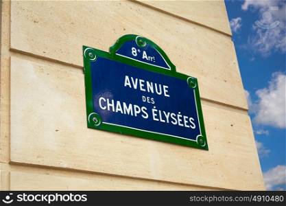 Champs Elysees avenue street sign in Paris of France