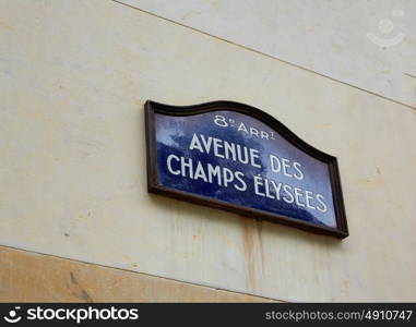 Champs Elysees avenue street sign in Paris of France