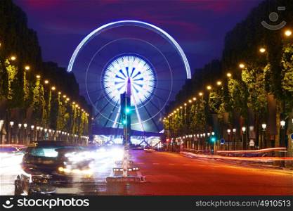 Champs Elysees in Paris and Concorde sunset at France