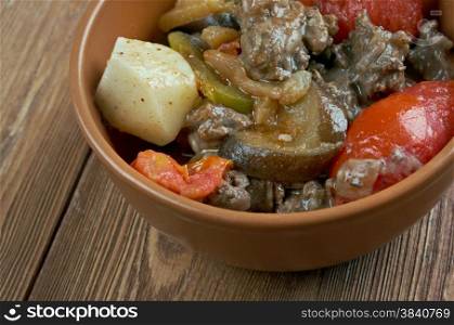 Chanakhi - traditional Georgian dish of lamb stew with tomatoes, aubergines, potatoes, greens and garlic.
