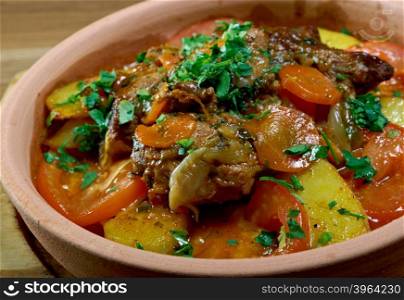 Chanakhi traditional Georgian dish of lamb stew with tomatoes, aubergines, potatoes, greens and garlic.