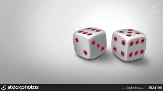Chance of infection disease concept as dice with pips shaped as virus cells as covid-19 or coronavirus and flu or influenza cantagion as the risks or prevention of contracting viral infections as a 3D render.