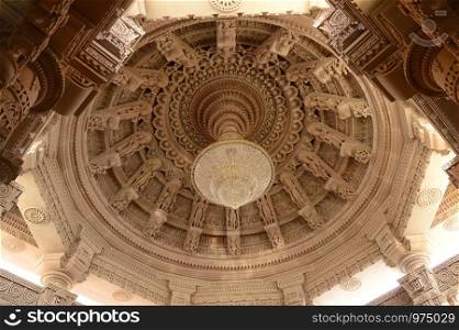 Chandelier and center dome of BAPS Shri Swaminarayan Mandir Pune Maharashtra