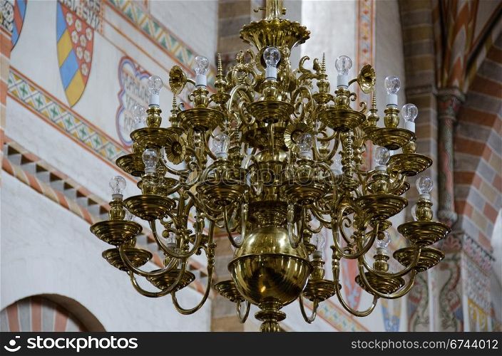 Chandelier. golden chandelier in the cathedral of Soroe in Denmark