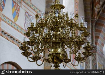 Chandelier. golden chandelier in the cathedral of Soroe in Denmark