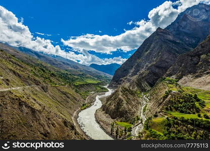 Chandra River in Himalayas and road. Lahaul Valley, Himachal Pradesh, India India. Chandra River in Himalayas