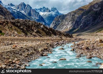 Chandra River in Himalayas. Lahaul Valley, Himachal Pradesh, India India. Chandra River in Himalayas