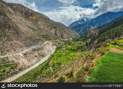 Chandra river in Lahaul valley in Himalayas. Himachal Pradesh, India. Chandra river in Lahaul valley in Himalayas