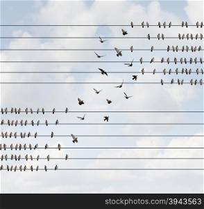 Change concept and changing team and allegiance symbol as a group of birds on a wire making a shift to a higher level as a business metaphor for restructuring or reorganization of a corporation or social political shift of opinion.