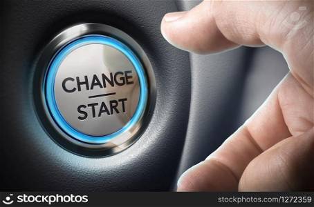 Change start button on a black dashboard background - Conceptual 3D render image with depth of field blur effect dedicated to motivation purpose. . Change Decision Making Concept