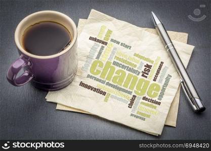 change word cloud on a napkin with a cup of coffee against slate stone background