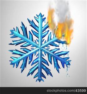 Changing climate concept as a frozen ice crystal snowflake melting and burning in flames as an environmental metaphor for changing weather temerature or global greenhouse effect as a 3D illustration.