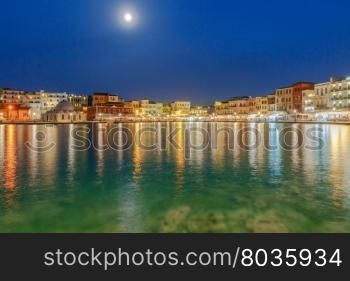 Chania. The old harbor at night.. Embankment and the mosque Kucuk Hasan Pasha in night light. Chania. Crete. Greece.