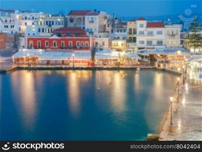 Chania. The old harbor at night.. Night view of the embankment with lanterns in the old harbor in Chania. Crete. Greece.
