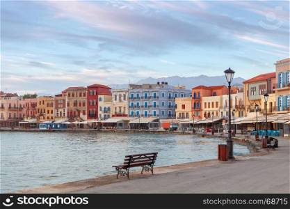 Chania. The old Venetian harbor.. View of the embankment with lanterns and the old Venetian harbor of Chania. Crete. Greece.