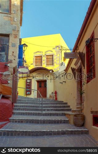 Chania. Traditional narrow street.. An old narrow street and a staircase in the city Chania. Crete. Greece.