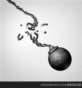 Chaos and risk business concept as a broken chain holding a falling dangerous wrecking ball as a volatility metaphor for erratic unpredictable disorganization and weakness or work safety issues as a 3D illustration.