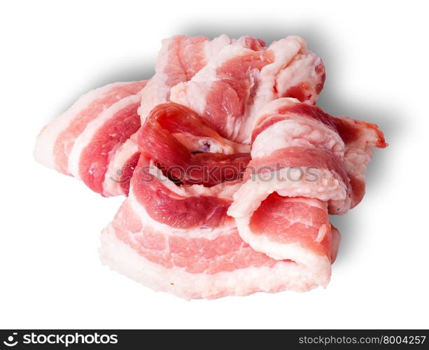 Chaotic stacked strips of bacon isolated on white background