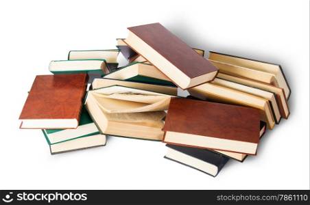 Chaotically scattered old books isolated on white background