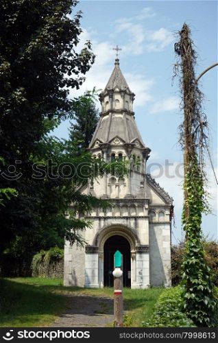Chapel and sign Chemin de Saint Jaque de Compostelle in Sanctuary of Lestelle-Betharram, France