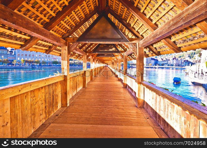 Chapel bridge  Kapellbrucke  historic wooden bridge in Luzern, town in central Switzerland