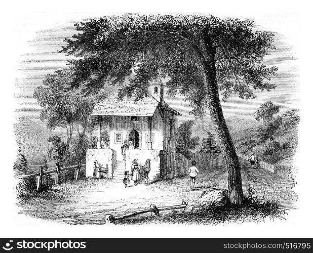 Chapel of Kussnacht, Switzerland, vintage engraved illustration. Magasin Pittoresque 1844.