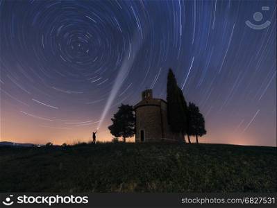 Chapel of Madonna di Vitaleta at night. Tuscany, Italy