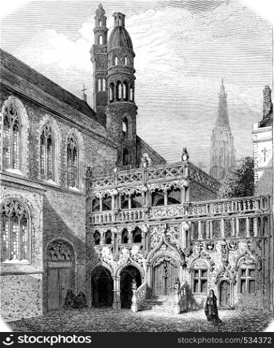 Chapel of the Holy Blood in Bruges, vintage engraved illustration. Magasin Pittoresque 1855.