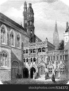 Chapel of the Holy Blood in Bruges, vintage engraved illustration. Magasin Pittoresque 1855.