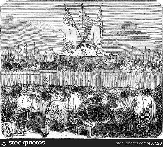 Chapter members public proclamation of Charlemagne, the Champ de Mai, vintage engraved illustration. Magasin Pittoresque 1836.