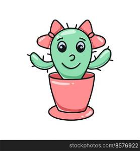 Character cactus girl with bows. Cute cartoon plant in pot. Girly image. Potted cute smiling image isolated vector illustartion. Character cactus girl with bows
