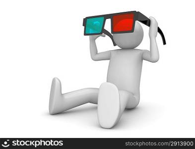 Character wearing 3d stereo anaglyph glasses. Cinema visitor. Isolated. One of a 1000+ 3d characters series.