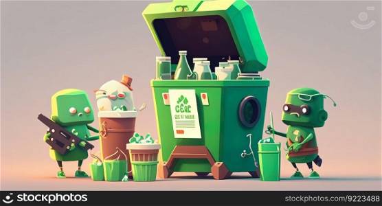 Characters Collecting Plastic Trash Into recycling illustration. AI generative.
