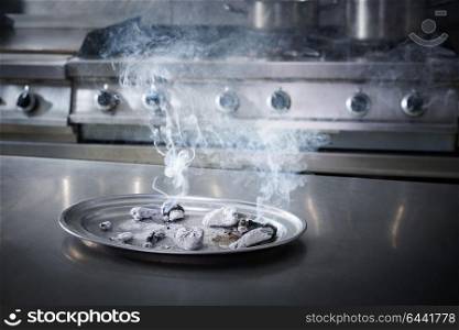 charcoal ashes smoke in a kitchen stainless steel tray