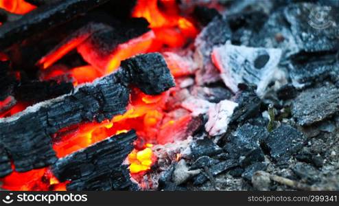 Charcoal set ablaze macro scene
