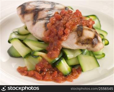 Chargrilled Chicken Breast with Courgette Ribbons and Tomato Concasse