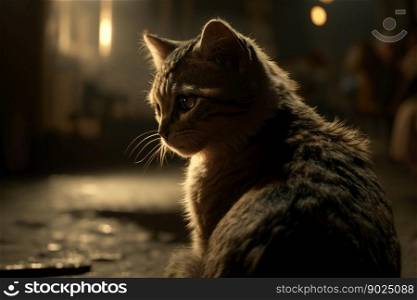 Charismatic cute little cat stands alone at night city