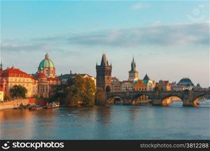 Charles Bridge and Old Town in Prague (Czech Republic) at evening