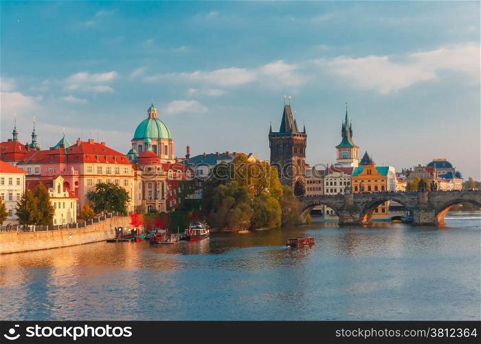Charles Bridge and Old Town in Prague (Czech Republic) at evening