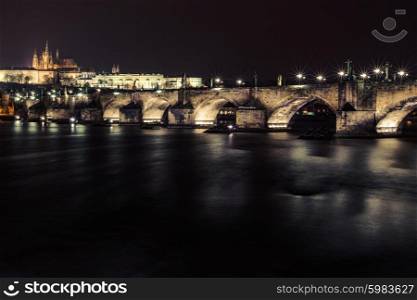 Charles bridge and Prague castle at night