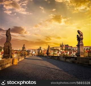 Charles bridge and Prague castle in the early morning on surise. Prague, Czech Republic